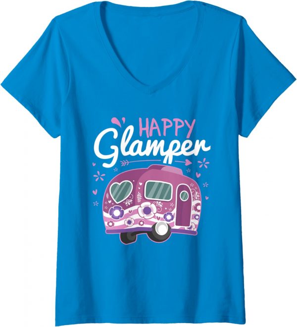 Womens Happy Glamper Caravan Camping Glamping Gear V-neck T-shirt