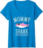 Womens Mommy Shark Funny Mom V-neck T-shirt